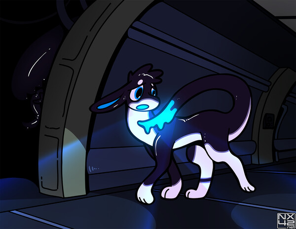 An amphimorpho worriedly looks through an abandoned spaceship, using her bioluminescence as a makeshift flashlight.